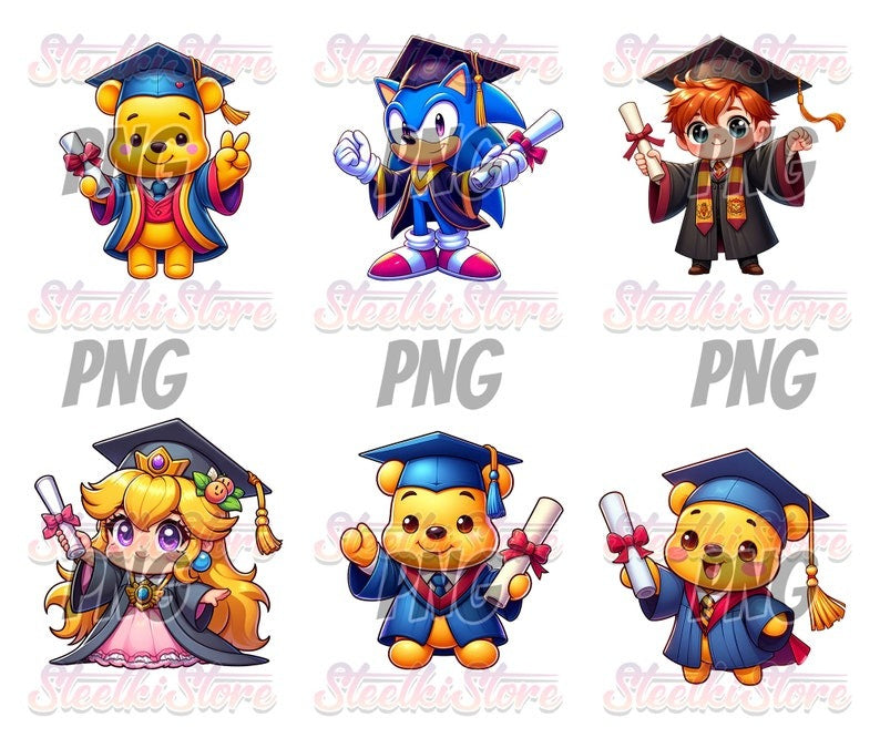 40+ Files Cartoon Graduation Bundle PNG, Graduation 2024 PNG, Graduation Chibi PNG Sublimation, Clipart, Digital Download