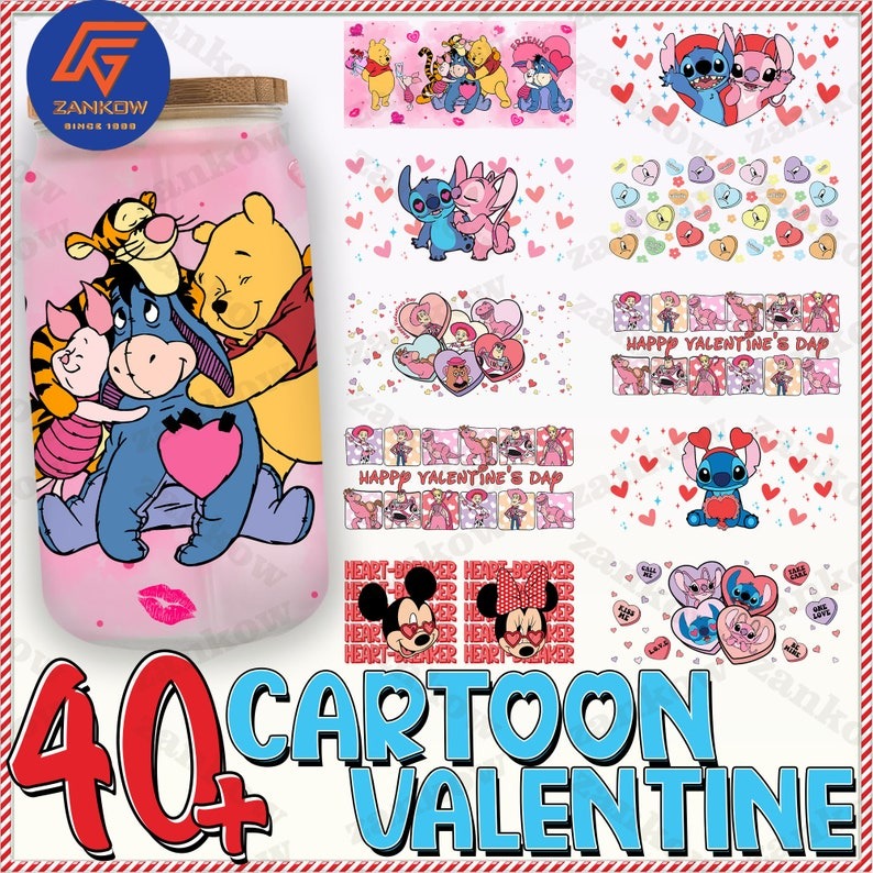 40+ Valentine Cartoon Mouses And Friend 16oz Libbey Glass Wrap Png, Valentine Character Coffee Glass Wrap Png, Cute Valentine Cartoon Glass.1