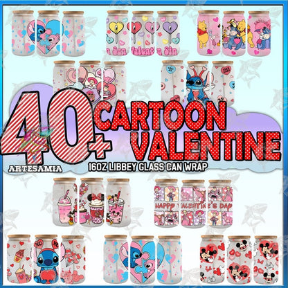 40+ Valentine Cartoon Mouses And Friend 16oz Libbey Glass Wrap Png, Valentine Character Coffee Glass Wrap, Cute Valentine, Digital Download.1