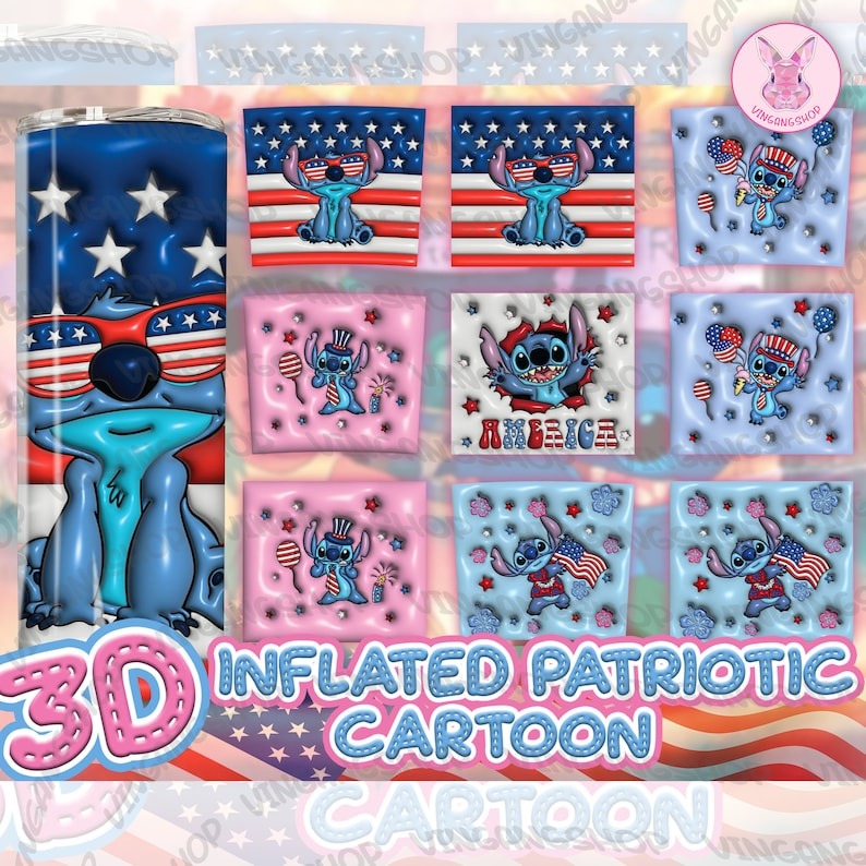 4+ Inflated 4th Of July Tumbler Bundle Design Png, 3D Tumbler Wraps 20oz Skinny Png, 3D Puffy Animal Character Movie, Instant Download