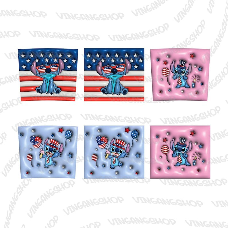 4+ Inflated 4th Of July Tumbler Bundle Design Png, 3D Tumbler Wraps 20oz Skinny Png, 3D Puffy Animal Character Movie, Instant Download