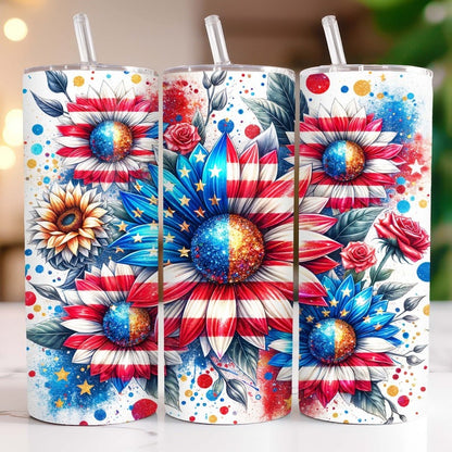 4th of July Tumbler Wrap Bundle, 20 oz Skinny Tumbler Sublimation Designs, American Flag Sunflowers Patriotic Tumbler PNG Download