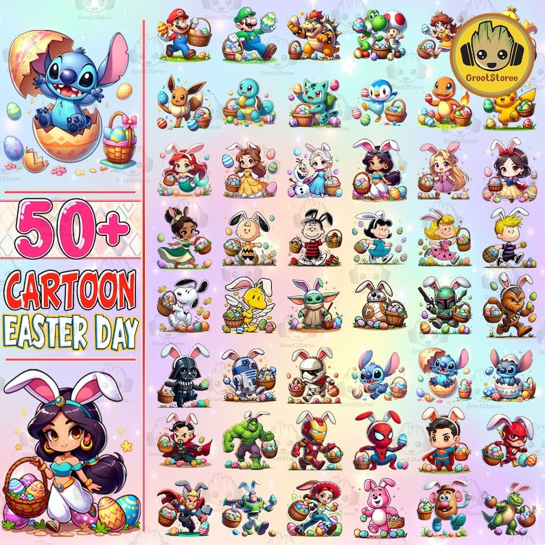 50+ Cartoon Easter Character Png Bundle, Spring Easter Monster Png, Happy Easter Day Png, Superhero Easter Png, Character Easter Egg Png