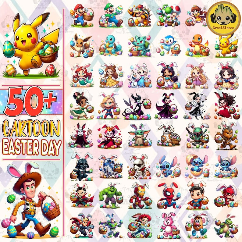 50+ Cartoon Easter Character Png Bundle, Spring Easter Monster Png, Happy Easter Day Png, Superhero Easter Png, Character Easter Egg Png