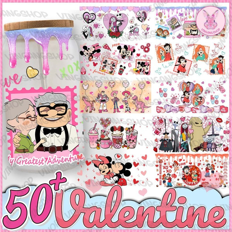 50+ Cartoon Movie Valentine 16oz Glass Can Wrap Bundle, Valentine Gift 16oz Libbey Can Glass, Couple Valentines 16oz, Instant Download