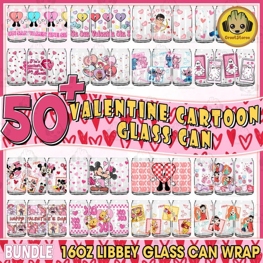 50+ Valentine Cartoon Couple 16 oz Glass Can Design Bundle, Valentine Movie UV DTF Cup Wrap Design Png, Retro Valentine Wrap Png