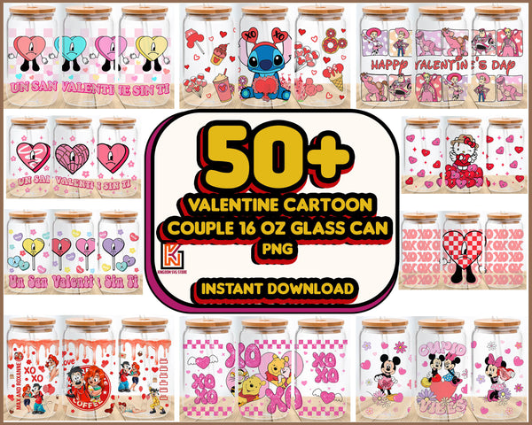 50+ Valentine Cartoon Couple 16 oz Glass Can Design Bundle, Valentine Movie Cup Wrap Design Png, Retro Valentine Wrap Png