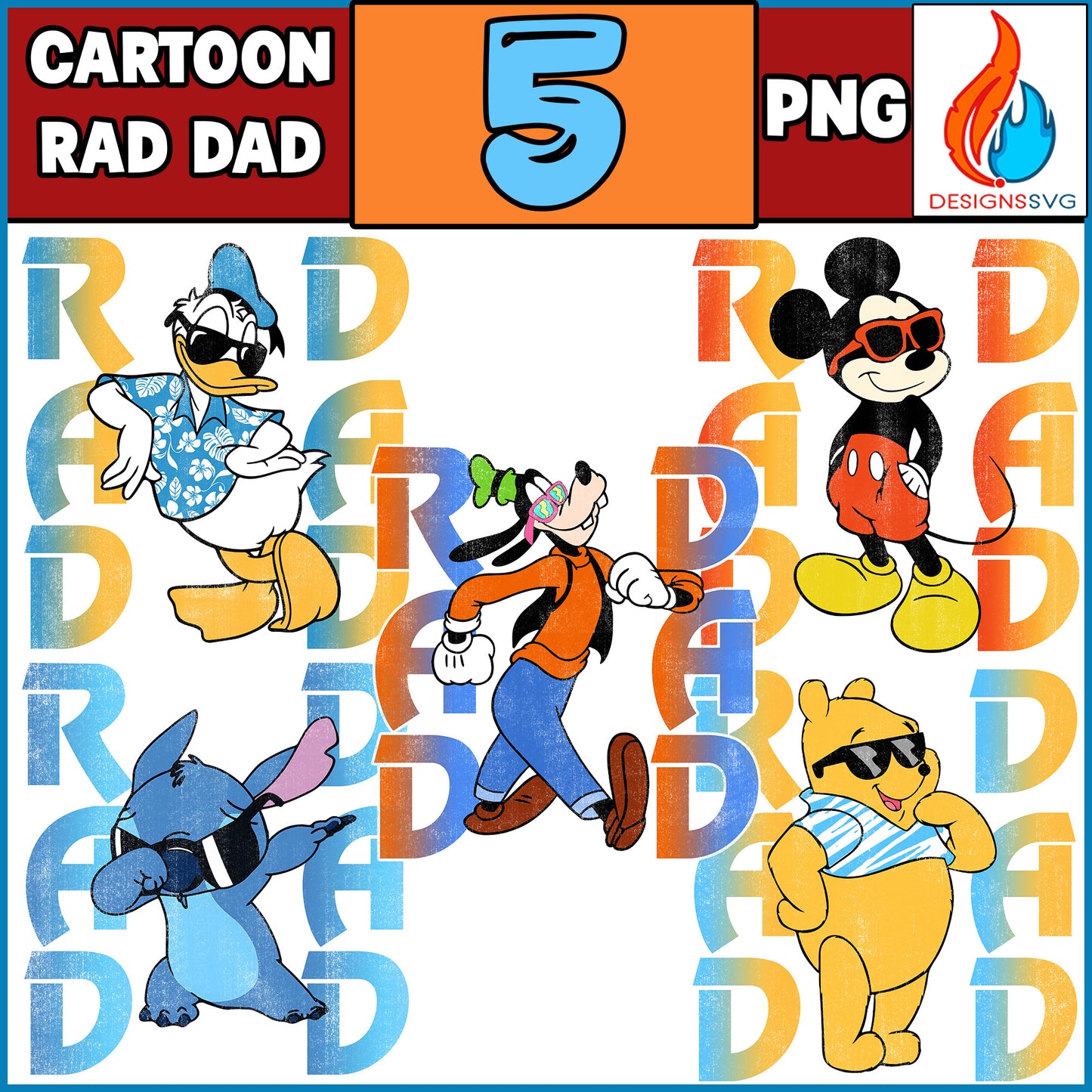 5 Cartoon Rad Dad Png Bundle, Father's Day Png, Mouse and Honey Bear Png, Dad Life Png, Dad Shirt Design, Father's Day Gift, Digital File