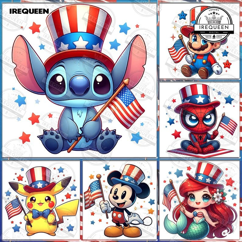 5+ Cartoon 4th of July PNG Bundle, Princess Independence Day Png, American Patriotic Movie Png, Superhero Fourth Of July Png, Digital File