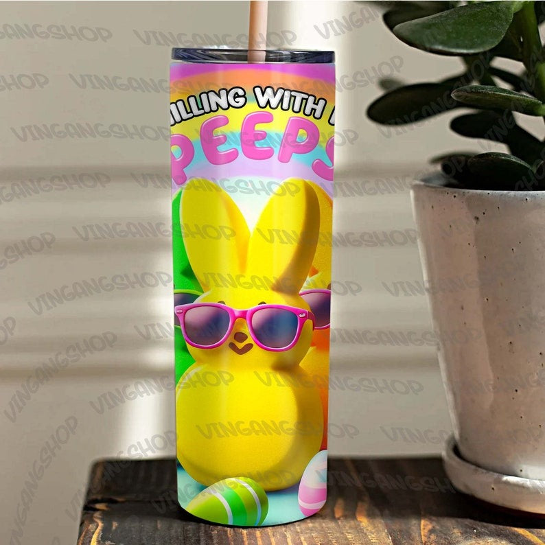 5+ Chilling With My Peeps Tumbler Wrap, Funny Easter Bunny 20oz Skinny Tumbler Sublimation Design Png, Cute Happy Easter, Instant Download