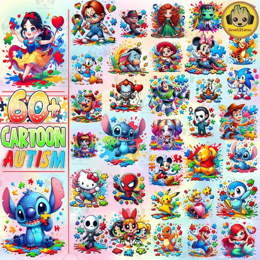 60+ Autism Awareness Cartoon Png Bundle, Autism Puzzle Png, Character Cartoon Autism Mouse And Friends, Super Hero Autism Png, Digital File