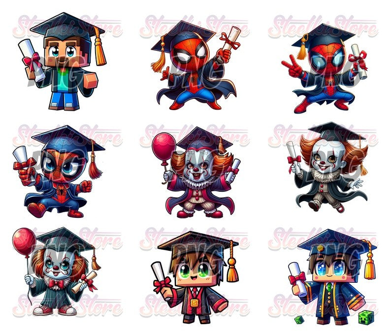 60+ Files Cartoon Graduation Bundle PNG, Graduation 2024 PNG, Graduation Chibi PNG Sublimation, Clipart, Digital Download