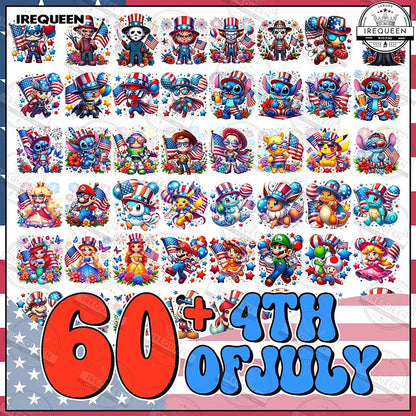 60+ Cartoon Fourth Of July PNG Bundle, 4th of July Png Sublimation, Digital Download