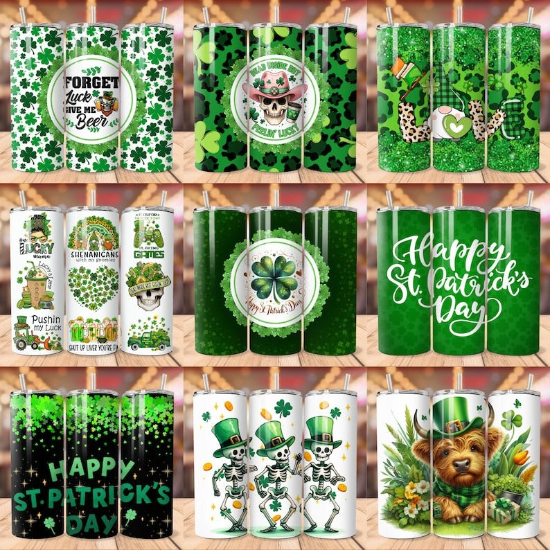 60+ St Patrick's Tumbler Wrap Designs Bundle, Shamrock Tumbler PNG, St Patricks Day Sublimation Designs, 20oz skinny Tumbler Wrap PNG