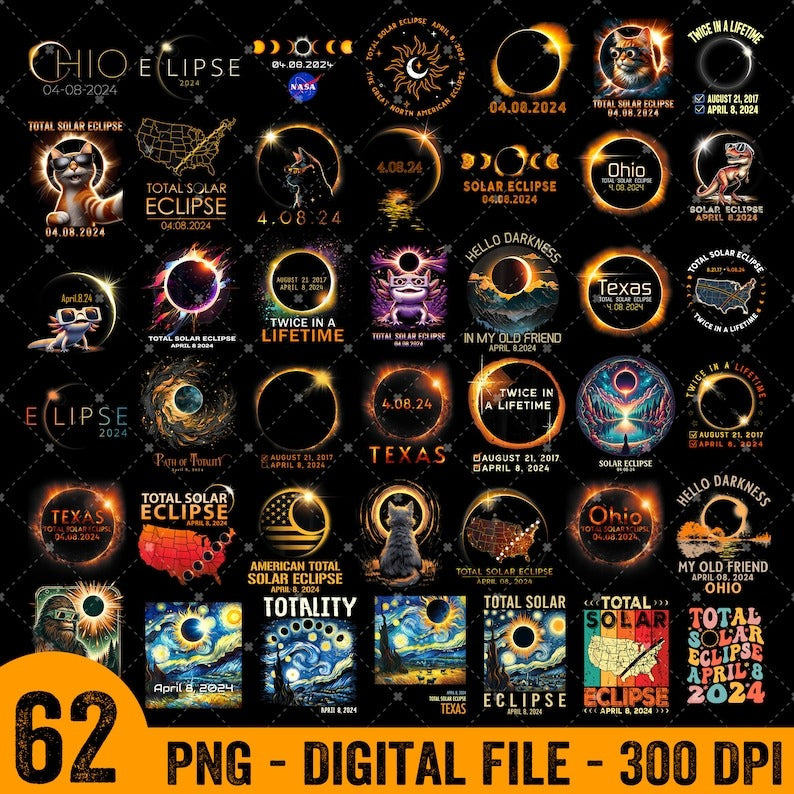 60+ Total Solar Eclipse 2024 PNG Bundle, America Totality Spring 4.08.24 Png, Total Solar Eclipse April 8th 2024 Digital Download