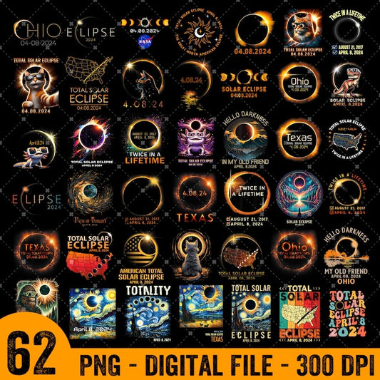 60+ Total Solar Eclipse 2024 PNG Bundle, America Totality Spring 4.08.24 Png, Total Solar Eclipse April 8th 2024 Digital Download