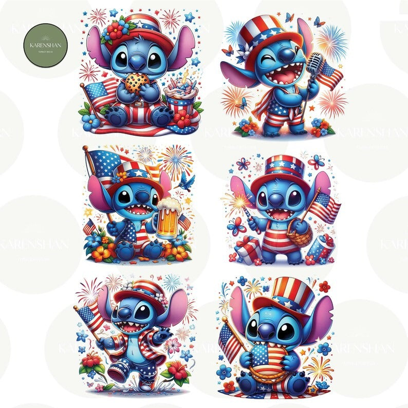 6 + Cartoon Fourth Of July PNG Bundle, 4th of July Png Sublimation, America Wrap, Stitch Cartoon Independence Day Png, File Digital Download