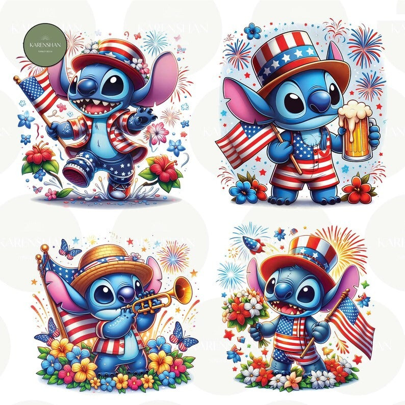 6 + Cartoon Fourth Of July PNG Bundle, 4th of July Png Sublimation, America Wrap, Stitch Cartoon Independence Day Png, File Digital Download