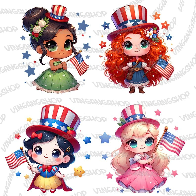 6+ Cartoon Princess 4th of July PNG Bundle, Independence Day Png, American Patriotic Movie Png, Princess Fourth Of July, Instant Download