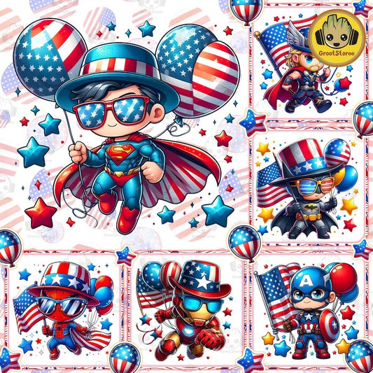 6+Funny Superhero Cartoon Fourth Of July Png Bundle, Cartoon Independence Day Png, 4th Of July Png, 4th of July sublimation, America Png