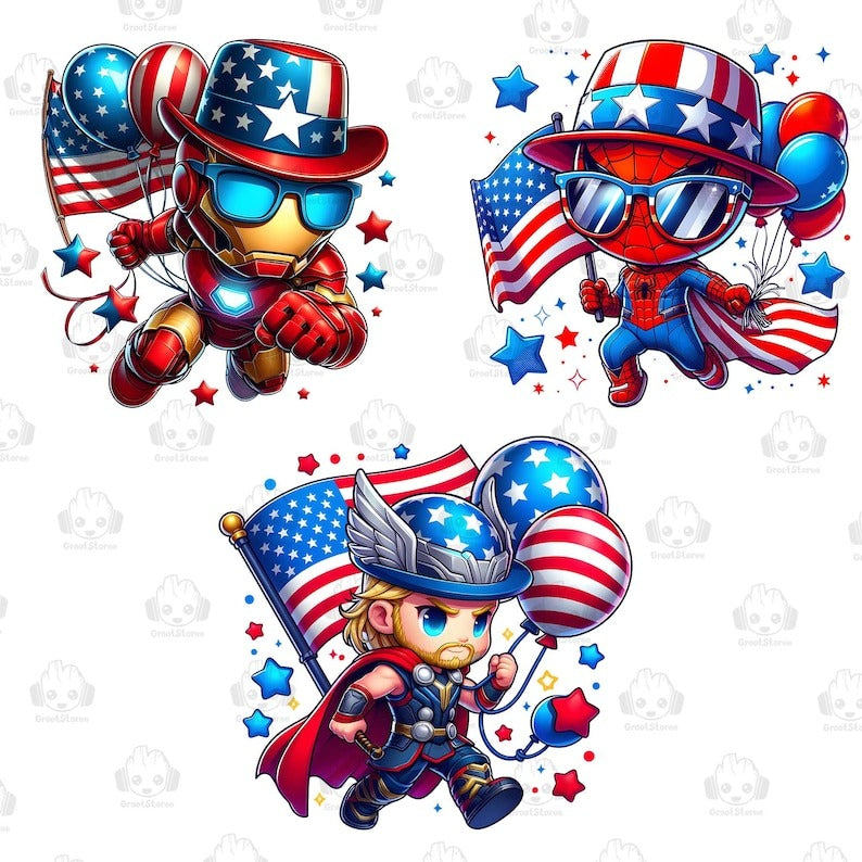 6+Funny Superhero Cartoon Fourth Of July Png Bundle, Cartoon Independence Day Png, 4th Of July Png, 4th of July sublimation, America Png