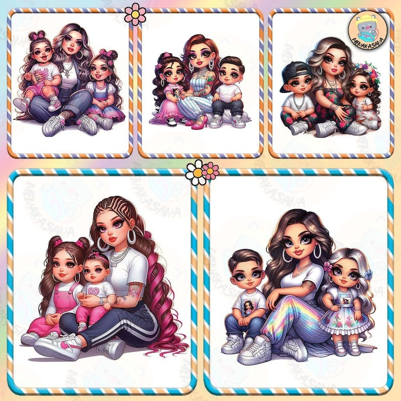 6 + Mama Chingona Chicana Mom PNG Bundle, Happy Mother Day Png Sublimation Design, Chibi Style Latina Mother's Day File, Digital Download