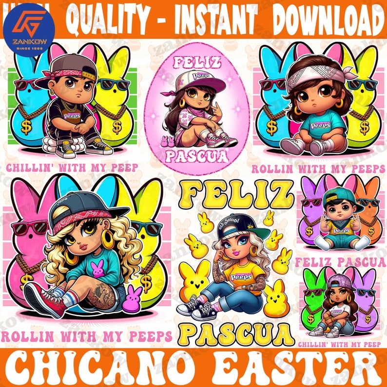 7 Rollin With My Peeps Cholo Easter Old School Chola Bundle Png, Chicano Spanish Girl Easter Day Png,Rollin With My Peeps Easter Chicano Png