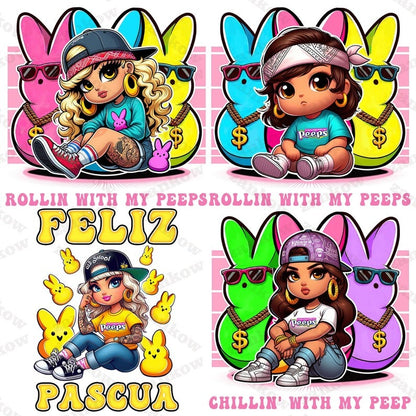 7 Rollin With My Peeps Cholo Easter Old School Chola Bundle Png, Chicano Spanish Girl Easter Day Png,Rollin With My Peeps Easter Chicano Png