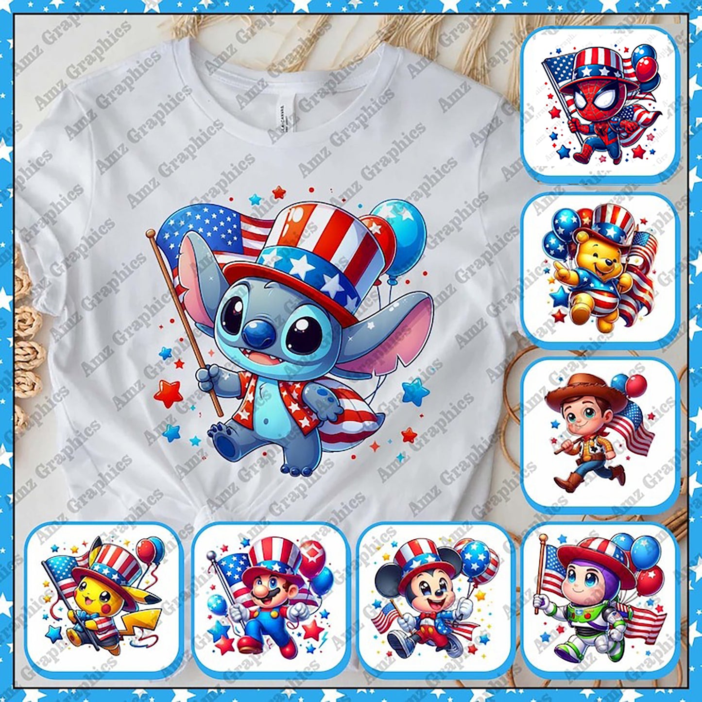 7+ Cartoon Fourth Of July PNG Bundle, 4th of July Png Sublimation, America Wrap, Stitch Cartoon Independence Day Png, File Digital Download