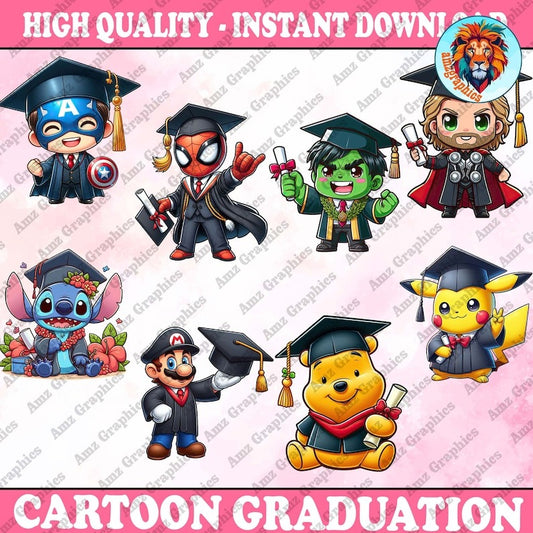 8 Cartoon Graduation 2024 Png Bundle, Superhero Cartoon Senior Png, Teach Love Inspire Png, Cartoon Friends Senior 2024 , Digital Download