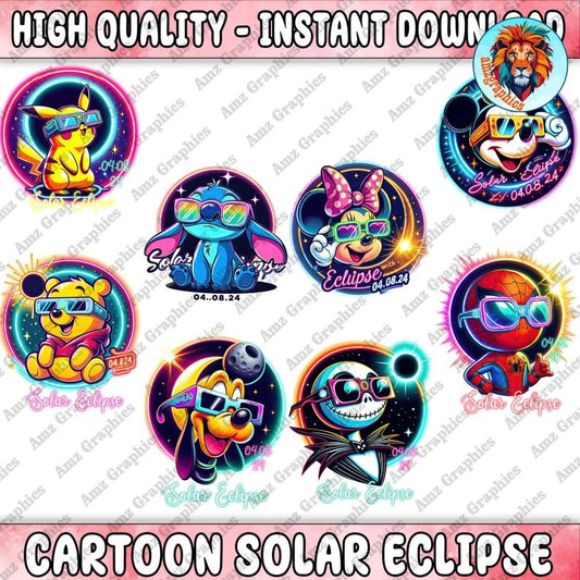 8 Cartoon Total Solar Eclipse Png Bundle, Total Solar Eclipse 2024 Png, Neon Solar Eclipse 04.08.24 Png, Solar Eclipse Png, Digital Download