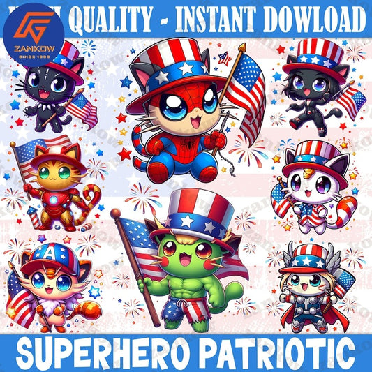 8 Cat Funny Superhero Cartoon Fourth Of July Png Bundle, Cartoon Independence Day Png, 4th Of July Png, 4th of July sublimation, America Png