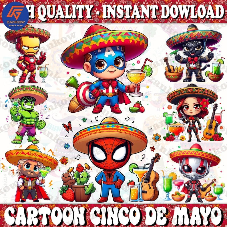 8 Superhero Cinco De Mayo Png Bundle, Cinco De Mayo Png, Mexican png, Mouse Character Movie Png, Chingona Png, Sublimation Designs