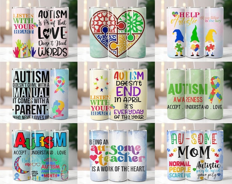 90+ Autism Tumbler Wrap Bundle, Embrace Neurodiversity, 20oz Skinny Autism Tumbler Wrap, Autism Awareness Accept Understand Love Wrap PNG.