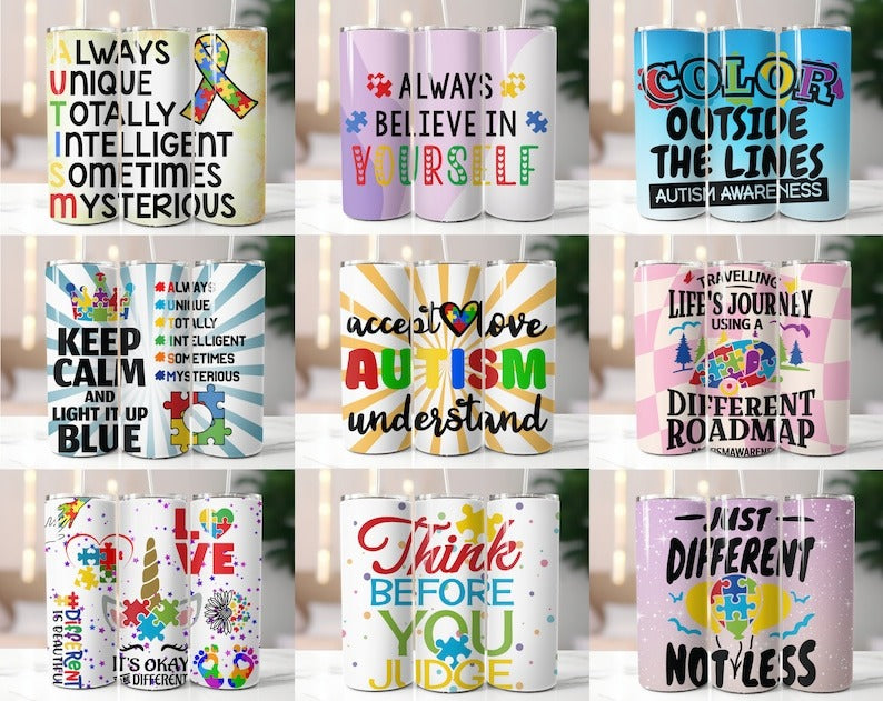 90+ Autism Tumbler Wrap Bundle, Embrace Neurodiversity, 20oz Skinny Autism Tumbler Wrap, Autism Awareness Accept Understand Love Wrap PNG.