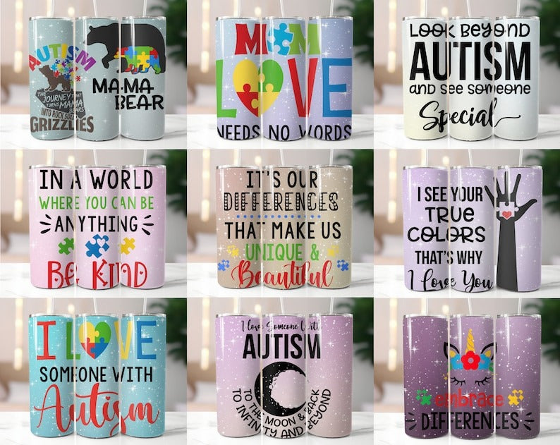 90+ Autism Tumbler Wrap Bundle, Embrace Neurodiversity, 20oz Skinny Autism Tumbler Wrap, Autism Awareness Accept Understand Love Wrap PNG.