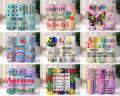 90+ Autism Tumbler Wrap Bundle, Embrace Neurodiversity, 20oz Skinny Autism Tumbler Wrap, Autism Awareness Accept Understand Love Wrap PNG.