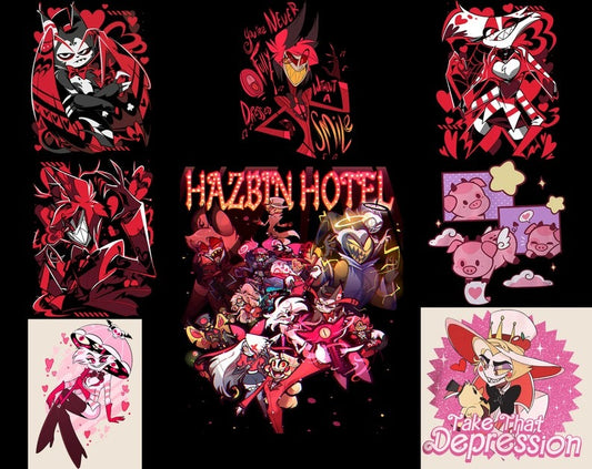 Alastor Hazbin Hotel Png, Charlie Morningstar Characters Png, ANGEL DUST Husk Vaggie Niffty Sir Pentious Png, Helluva Boss