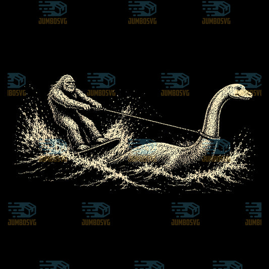 Bigfoot-Water-Skiing-Behind-Nessie-Cryptid-Humor-Png