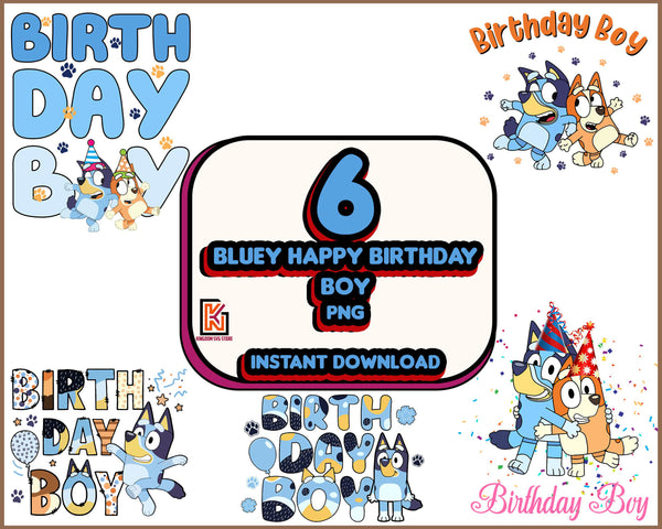 Bluey Happy Birthday Boy Clipart Elements, Letters Set, Blue Dog Sublimation Party, PNG, Family Matching Shirt
