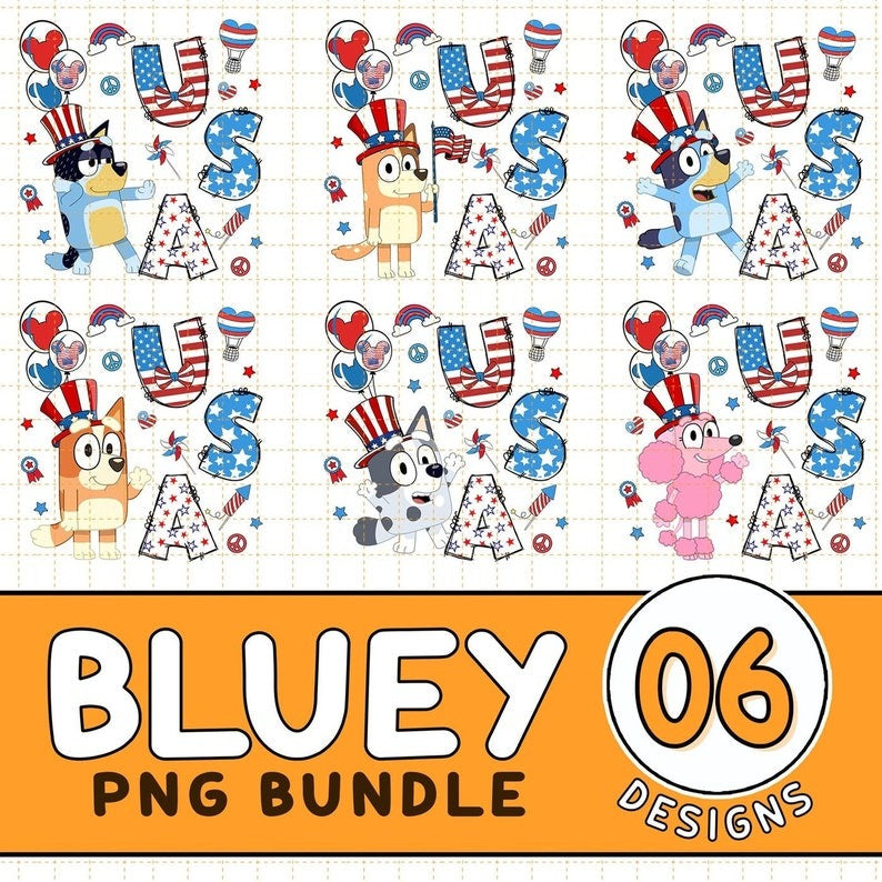 Bluey 4Th Of July Png Bundle Bluey Family 4Th Of July Sublimation Red White And Bluey American Usa Flag Png Instant Digital Download