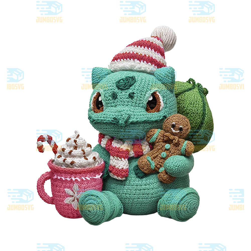 Bulbasaur-Crochet-Christmas-Png-Cute-Yarn-Bulbasaur-Hot-Cocoa-Png-Crochet-Gingerbread-Bulbasaur-Png-Holiday-Cocoa-Christmas-Png