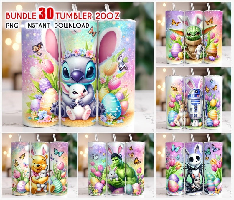 Bundle 30 Cartoon Easter Tumbler Wrap, 20oz Skinny Tumbler, Cartoon bundle wrap, 20oz skinny tumbler, easter bundle png, tumbler wrap, PNG