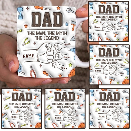 Bundle Dad The Myth The Legend 11oz Mug Png, Custom Dad Fist Bump Set 3D Inflated Effect Mug Wrap, Father's Day Fist Bump Coffee Mug Design