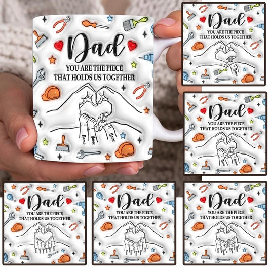 Bundle Dad You Are The Piece That Holds Us Together 11oz Mug Wrap, Custom Father's Day Fist Bump 3D Inflated Effect Mug,Dad Hand Sublimation