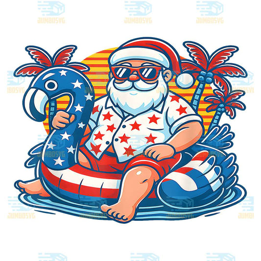 Christmas-In-4Th-Of-July-Santa-Flamingo-Pool-Float-Summer-Png
