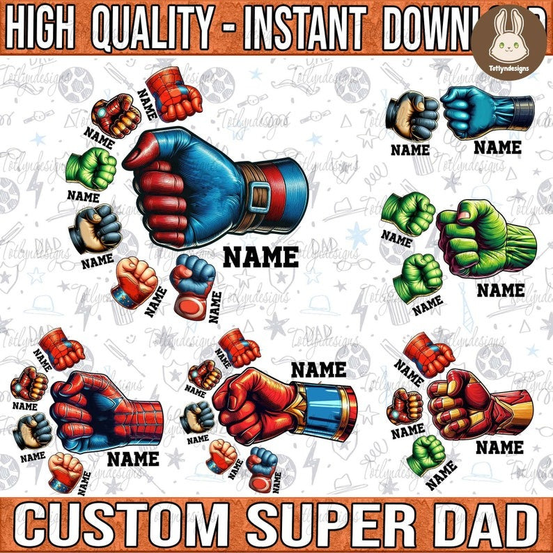 Custom 1-6 Kids Holding Dad‘s Hand Png Bundle, Super Dad and Children Hands Bundle, Father's Day Fist Bump, Hand Fist Bump Custom Name Kids