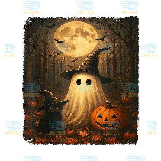 Cute-Ghost-Black-Cat-Halloween-Witch-Pumpkin-Dark-Forest-Png