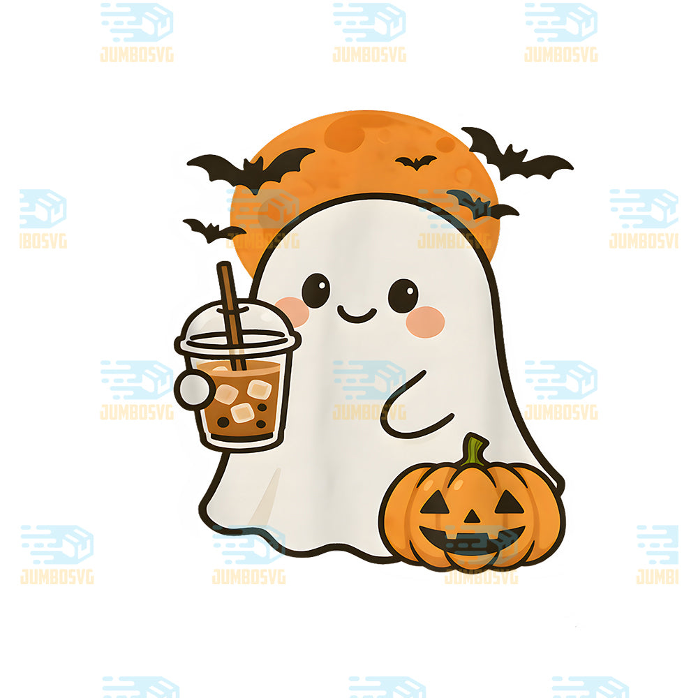 Cute-Ghost-Iced-Coffee-And-Pumpkin-For-Halloween-Costume-Png