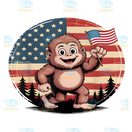 Cute-Patriotic-Baby-Bigfoot-Holding-Flag-4th-Of-July-Png